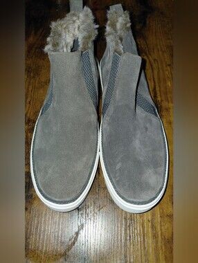 Toms Gray Suede Slip-On Loafers with Faux Fur Trim